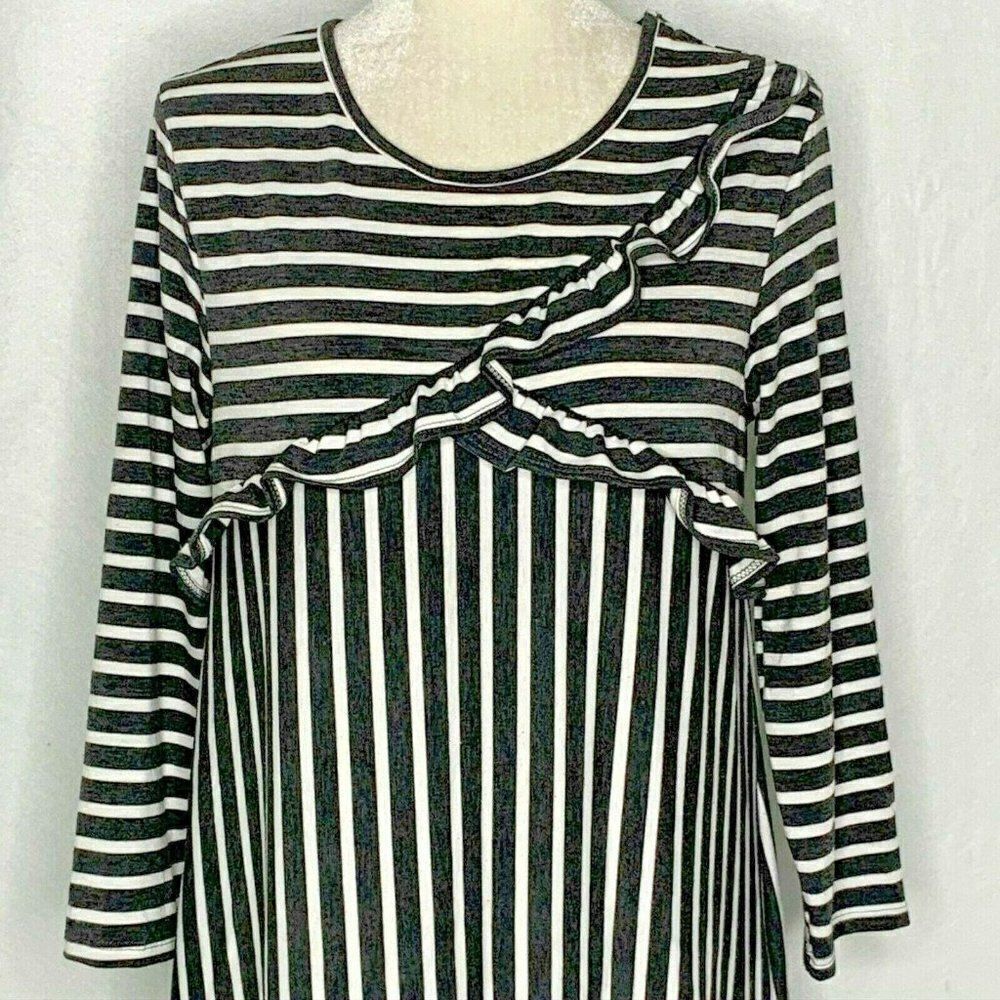 Emberley Striped Midi Dress M Black White A Line Long Sleeve Ruffles Jersey Knit